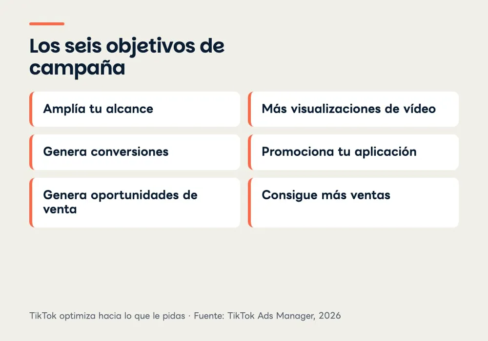 Rejilla con los seis objetivos de campaña de TikTok: amplía tu alcance, más visualizaciones de vídeo, genera conversiones, promociona tu aplicación, genera oportunidades de venta y consigue más ventas.